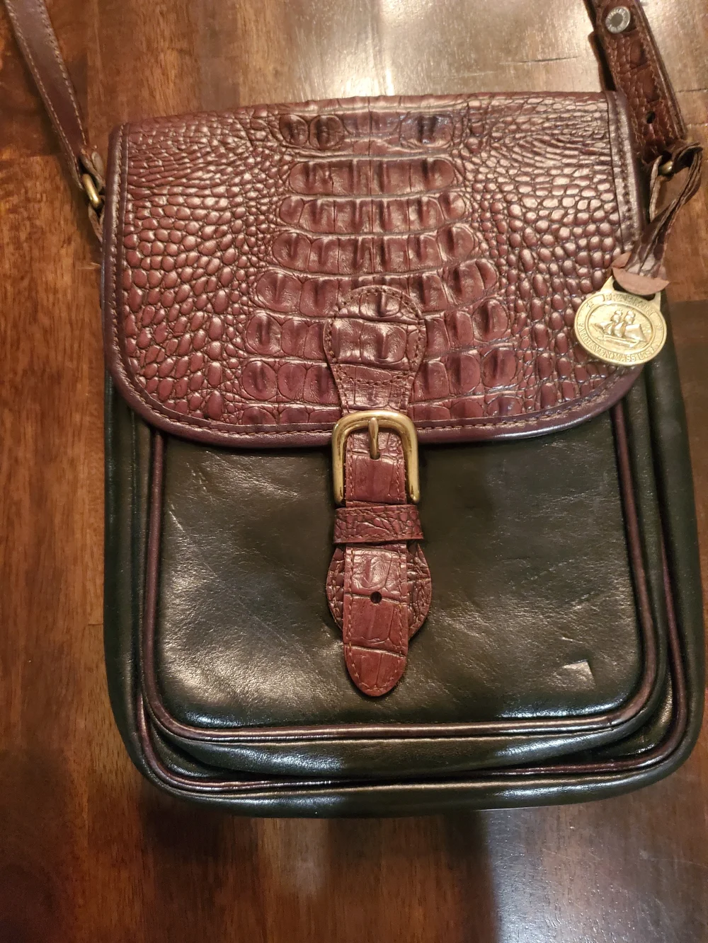 Brahmin Brown Croc-Embossed Leather Crossbody with Black Panels
